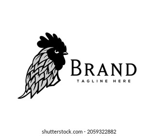 elegante cabeza rooster pluma de hojas dibujado dibujo de la ilustración del logotipo de arte