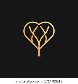 Elegant heart tree line art logo. Abstract mental health care, cardiology, medicine, yoga, organic luxury logo. Park or garden heart simple icon.