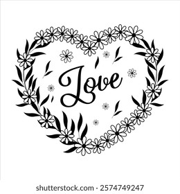 Elegant heart-shaped floral wreath design, perfect for wedding invitations, Valentine's Day cards, and romantic-themed creative projects. A timeless romantic vector illustration for any occasion.