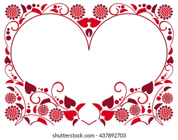 Elegant heart-shaped frame with decorative sunflowers silhouettes. Vector clip art.