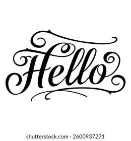 Elegant Hello Text, with Ornate Calligraphy Swirls and Flourishes