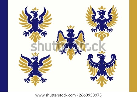 Elegant heraldic eagle crest logo in gold and blue color scheme. Classic royal emblem design, perfect for luxury branding, institutions, coat of arms, or premium corporate identity.