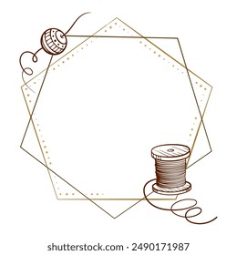 Elegant hexagonal frame adorned with a boho style bead and thread spool, perfect for crafting or sewing themes.