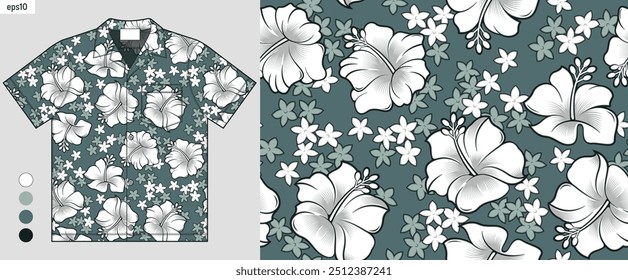 elegant hibiscus flowers with a tropical seamless pattern, illustrated on a Hawaiian shirt mockup, create the perfect Aloha summer fashion look.