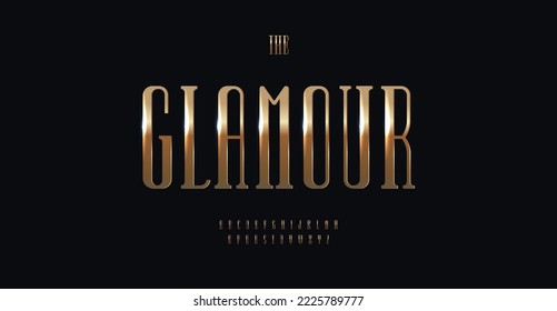 Elegant high font gold glittering color. Serifs narrow typeset, upright lofty alphabet. Luxury letters for premium logo and monogram of restaurant, wedding, jewelry, fashion. Vector typography design