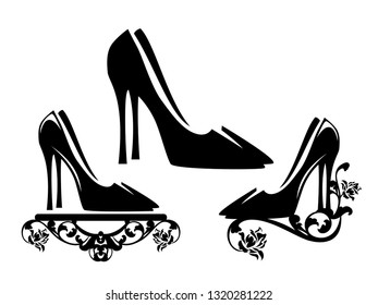 elegant high heeled shoes with rose flowers floral decor - black and white vector footwear design