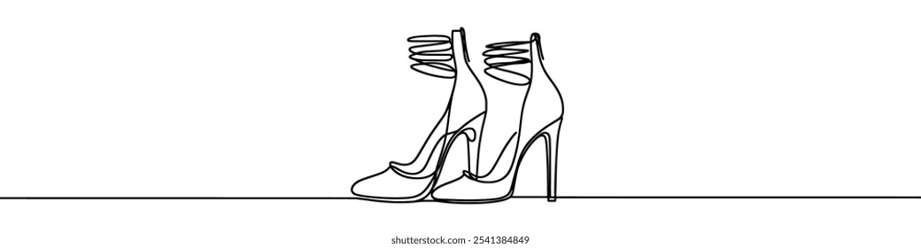 Elegant high heels shoes are drawn with one continuous line on a white background. Minimalist and fashionable illustration