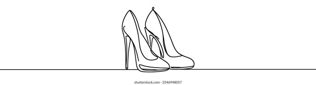 Elegante High Heels Schuhe sind mit einer durchgehenden Linie auf weißem Hintergrund gezeichnet. Minimalistische und modische Illustration