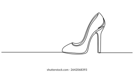 Elegant high heels shoes are drawn with one continuous line on a white background. Minimalist and fashionable illustration, Women Shoes Single Line Icon, Single line art illustration of lady flat shoe
