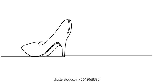 Elegant high heels shoes are drawn with one continuous line on a white background. Minimalist and fashionable illustration, Women Shoes Single Line Icon, Single line art illustration of lady flat shoe