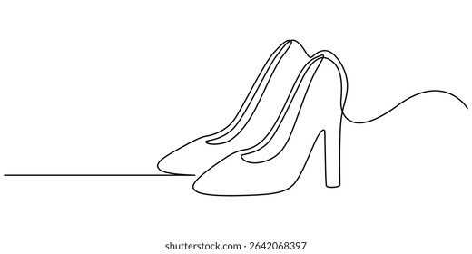 Elegant high heels shoes are drawn with one continuous line on a white background. Minimalist and fashionable illustration, Women Shoes Single Line Icon, Single line art illustration of lady flat shoe