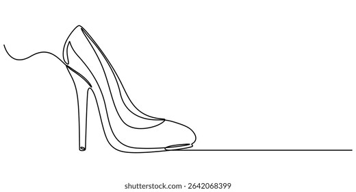 Elegant high heels shoes are drawn with one continuous line on a white background. Minimalist and fashionable illustration, Women Shoes Single Line Icon, Single line art illustration of lady flat shoe