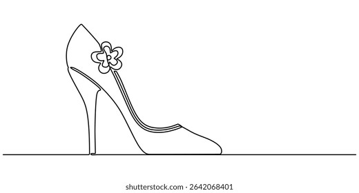 Elegant high heels shoes are drawn with one continuous line on a white background. Minimalist and fashionable illustration, Women Shoes Single Line Icon, Single line art illustration of lady flat shoe
