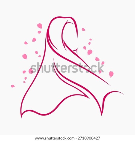 Elegant hijab logo vector in pink outline style, featuring feminine flowing lines and decorative petals, modern modest fashion illustration on white background