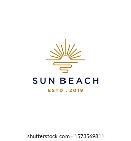 elegant hipster gold sun sunset sunrise with beach ocean sea water logo icon vector in trendy line linear,  outline logo vector for hotel 