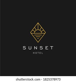 elegant hipster gold sun sunset sunrise with beach ocean sea water logo icon vector in trendy line linear,  outline logo vector for hotel 