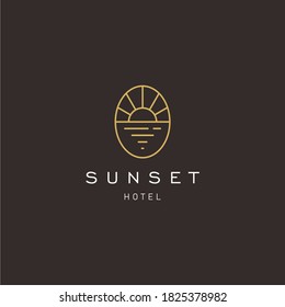 elegante hipster dorado sun sunset rise con beach ocean water logo icono vector en línea de moda línea, linea vector logo del hotel 