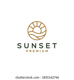 elegant hipster gold sun sunset sunrise with beach ocean sea water logo icon vector in trendy line linear,  outline logo vector for hotel 