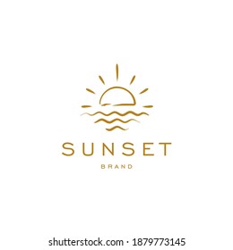 elegant hipster gold sun sunset sunrise with beach ocean sea water logo icon vector in trendy line linear,  outline logo vector for hotel 