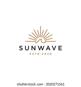 Elegant Hipster Gold Sun Sunset Sunrise With Beach Ocean Sea Water Logo Icon Vector In Trendy Line Linear,  Outline Logo Vector For Hotel 