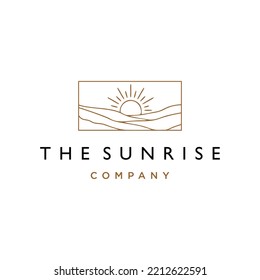 elegant hipster gold sun sunset sunrise with mountain hill logo icon vector in trendy line linear, nature landscape outline logo 