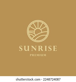 elegant hipster gold sun sunset sunrise with beach ocean sea water logo icon vector in trendy line