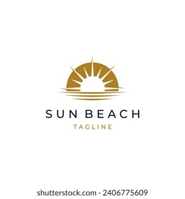 elegant hipster gold sun sunset sunrise with beach ocean sea water logo icon vector in trendy flat design for hotel