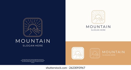 elegant hipster gold sun sunset sunrise with mountain hill landscape logo icon vector in trendy line