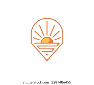 Elegant hipster sun sunset sunrise with beach ocean sea water logo icon vector line linear