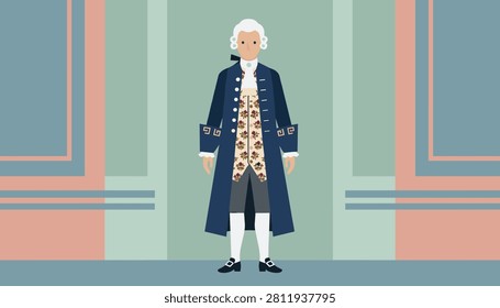 Elegant historical man dressed in an elaborate eighteenth century blue coat and embroidered vest standing in a grand classical interior.