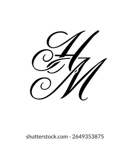 Elegante logotipo de monografia HM em preto Script - Caligrafia de luxo Design inicial em fundo branco