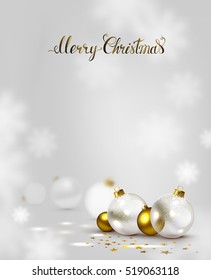 elegant holiday background with gold and white transparent evening balls. Merry Christmas lettering.
