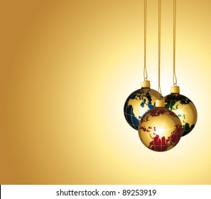 Elegant holiday background with golden globes ornaments. Vector wallpaper.