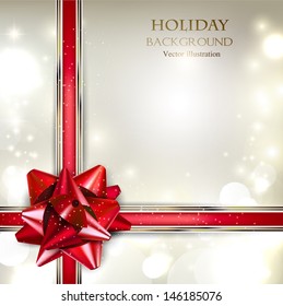 Elegant Holiday background with red bow and place for text. Vector Illustration.