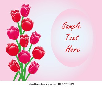 Elegant holiday card frame pattern of red tulips on a pink background. Have the opportunity to write and edit the congratulatory text. 