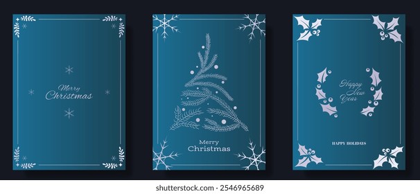 Elegant holiday card set with rich blue backgrounds, gold accents, festive designs. Includes Merry Christmas, Happy New Year greetings with minimalistic motifs of holly, snowflakes, pine branches