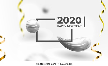 Elegant Holiday Celebrating 2020 Banner Vector. Modern Christmas-tree Decoration, Number 2020 Two Thousand Twenty And Golden Icicles On White Background. Elegant New Year Card 3d Illustration