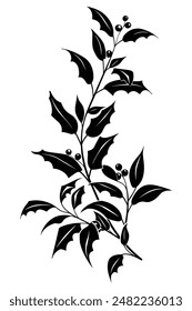 Elegant holly branch silhouette with leaves and berries, perfect for designs