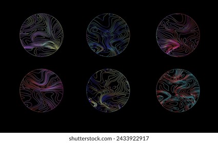 Elegant holographic circles with psychedelic wavy pattern in neon bright colors.