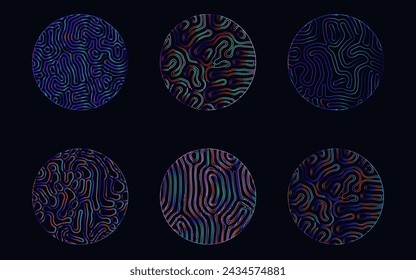 Elegant holographic circles with psychedelic wavy pattern in neon bright colors.