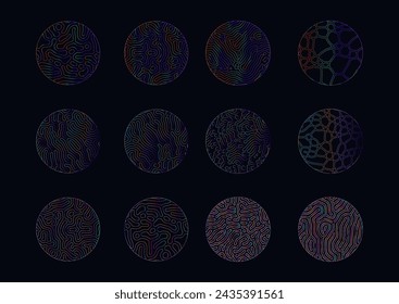 Elegant holographic circles with psychedelic wavy pattern in neon bright colors.
