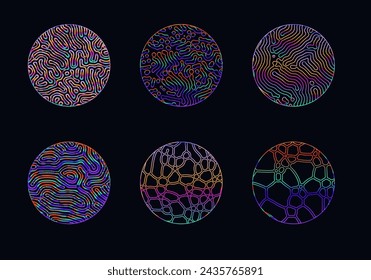 Elegant holographic circles with psychedelic wavy pattern in neon bright colors.