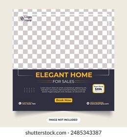 Elegante diseño de publicación de redes sociales de ventas en el hogar con color gris oscuro. Plantilla de negocios inmobiliarios minimalista para el marketing digital. Elegante casa de venta de Plantilla de negocios para publicación en redes sociales.