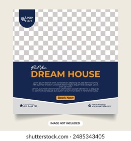 Elegant home sales social media post design with dark blue color. Minimalist real estate business template for digital marketing. Elegant home selling business template for social media post.