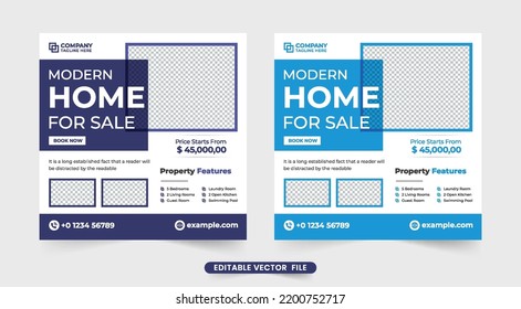 Elegant Home Selling Business Template For Social Media Marketing. Real Estate Business Promotional Web Banner Vector With Purple And Blue Colors. Minimalist Home Selling Template For Marketing.