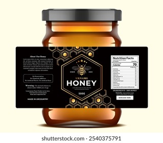 Elegant honey label featuring a gold bee, hexagon pattern, and nutrition facts, Premium packaging for natural honey.