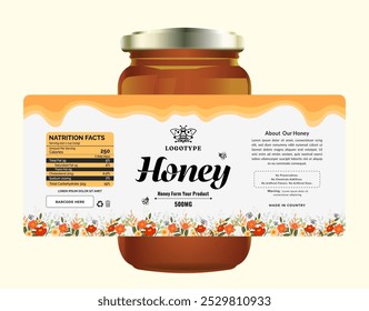 Elegant honey label with nutrition facts, floral accents, and minimalist design, perfect for premium product packaging.