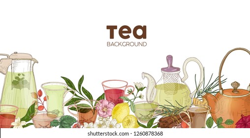 Elegant horizontal background or backdrop with glass teapots, cups, delicious aromatic tea, flowers, berries, leaves. Backdrop with natural healthy drink or beverage. Realistic vector illustration.