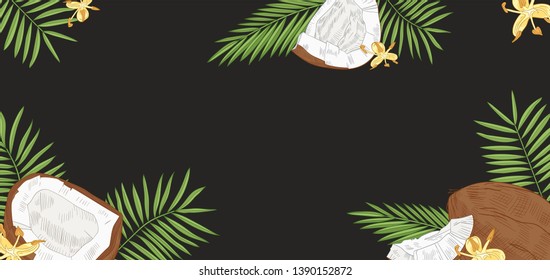 Elegant horizontal background with coconuts, palm tree leaves and flowers on black background. Backdrop with fresh natural ripe tropical fruit or drupe. Realistic hand drawn vector illustration.