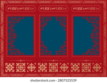 An elegant horizontal background inspired by traditional Chinese palace windows and temple architecture. Features three screen panels with deep blue interiors framed by intricate red geometric lattices, decorative gold floral borders, and auspicious oriental gấm patterns at the bottom. Designed in a premium red and gold festive palette, leaving ample space for text. Perfect for Lunar New Year banners, mid-autumn festival stages, high-end Asian restaurant menus, and cultural event backdrops.